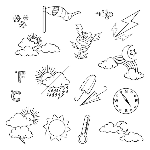 Vektor-Set von Wetter-Doodle-Elementen für Designzwecke