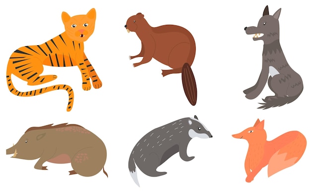 Vektor-Set Waldtiere im Cartoon-Stil isoliert auf weißem Hintergrund Design-Vorlage für Vektorgrafiken Tiger-Dachs-Wolf-Wildschwein-Biber