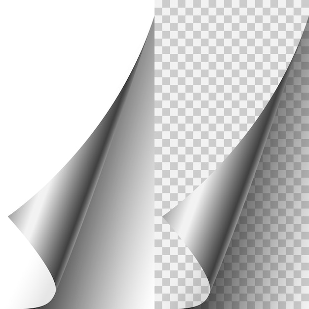 Vektor silber metallic realistische Papierseitenecke zusammengerollt. Papierblatt gefaltet mit weichen Schatten auf hellem transparentem Hintergrund. 3D-Darstellung. Vorlage für Ihr Design.