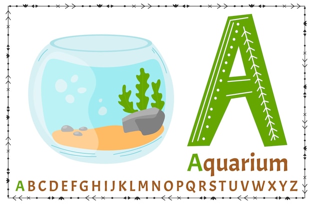 Vektor skandinavisches alphabet cartoon-kinder-alphabet handgezeichnetes design zum lernen von buchstaben hervorragend geeignet für die gestaltung von postkarten, postern, aufklebern usw. ein aquarium