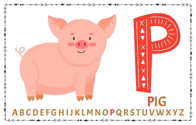 Vektor vektor skandinavisches alphabet cartoon-kinder-alphabet handgezeichnetes design zum lernen von buchstaben hervorragend geeignet für die gestaltung von postkarten, postern, aufklebern usw. p pig