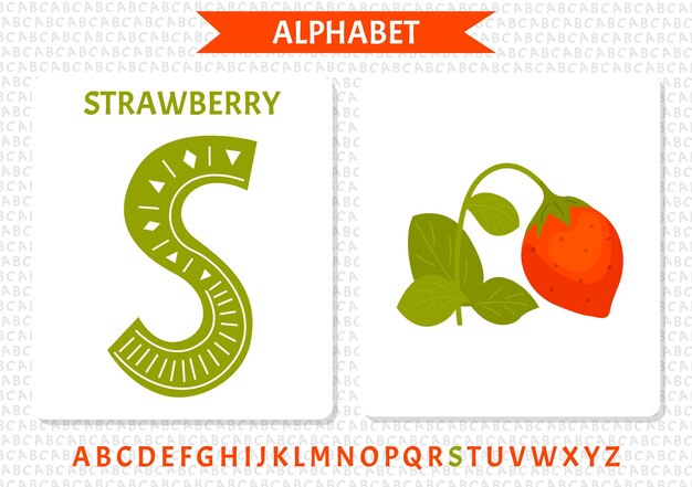 Vektor Skandinavisches Alphabet Cartoon-Kinder-Alphabet Handgezeichnetes Design zum Lernen von Buchstaben Hervorragend geeignet für die Gestaltung von Postkarten, Postern, Aufklebern usw. S Strawberry