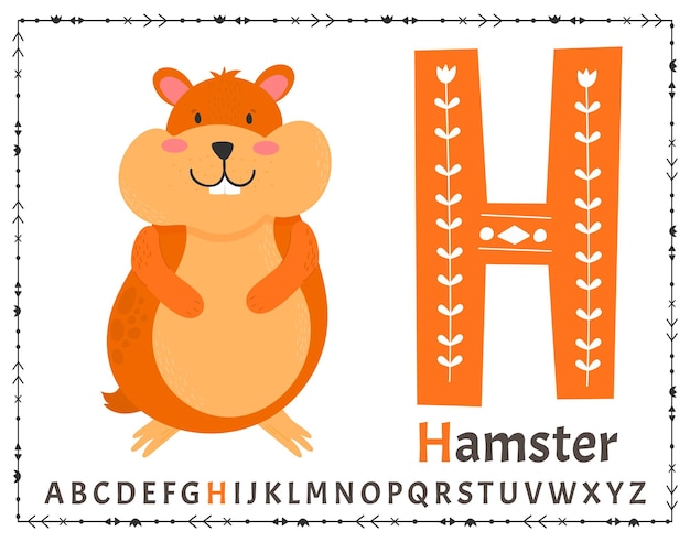 Vektor Skandinavisches Alphabet Cartoon-Kinderalphabet Handgezeichnetes Design zum Lernen von Buchstaben Hervorragend geeignet für die Gestaltung von Postkarten, Postern, Aufklebern usw. H Hamster