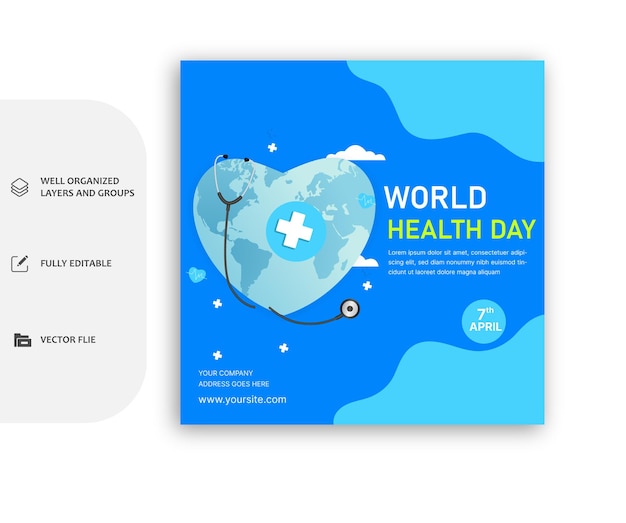 Vektor-Social-Media-Beitragsvorlage zum Weltgesundheitstag mit Hintergrund