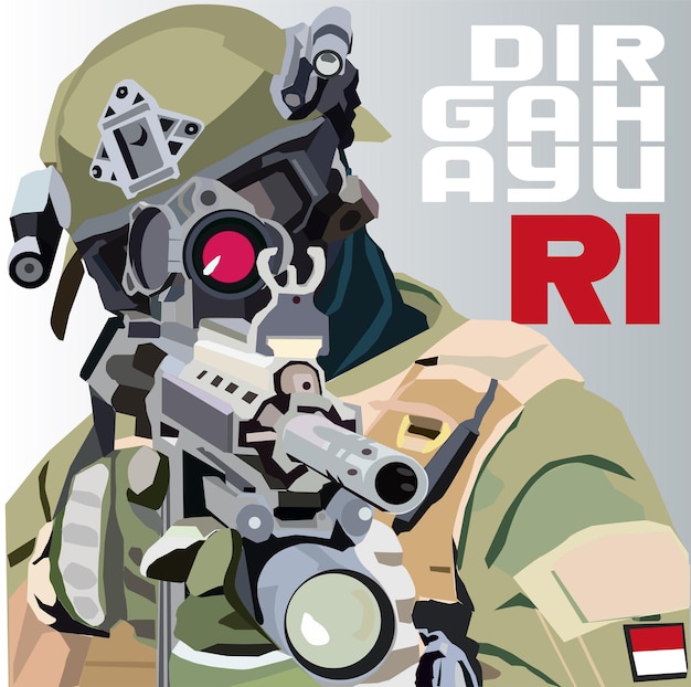Vektor-Soldat mit voller Ausrüstung, der sein Ziel mit einer langen Waffe im Kampf um die Unabhängigkeit Indonesiens anvisiert