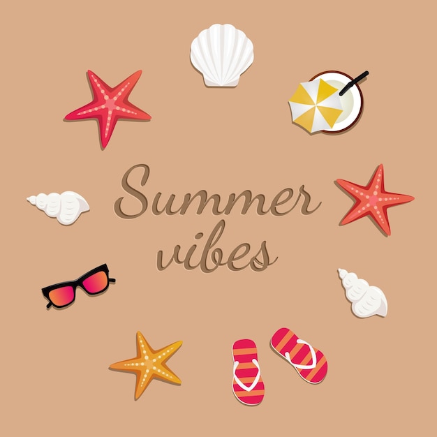 Vektor Sommerferien-Banner mit Seestern, Muscheln, Sonnenbrille und Cocktail