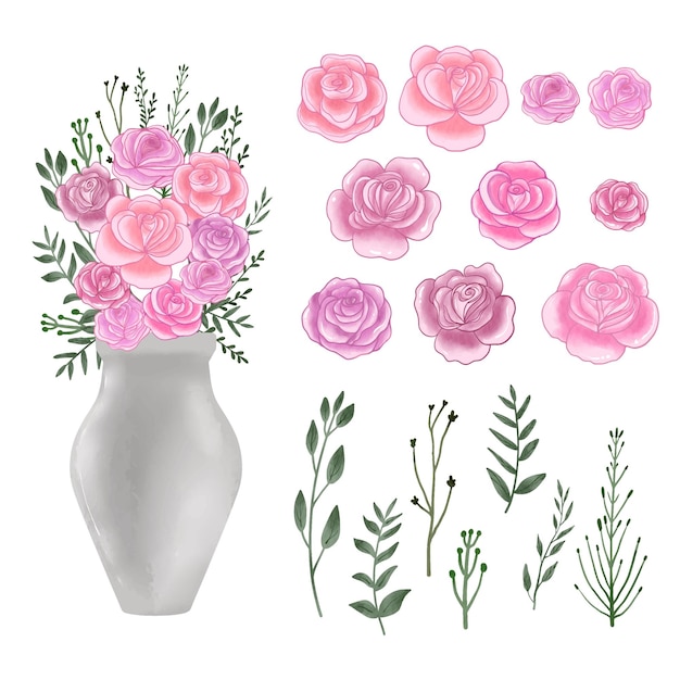 Vektor-Sortiment von Aquarellblättern mit rosa und lila Blüten