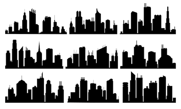 Vektor-stadt-silhouette-auflistung moderne urbane landschaften hohe gebäude mit fenstern illustration auf weißem hintergrund