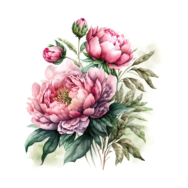 Vektor stock flower illustration rosa pfingstrose auf weißem hintergrund aquarell-stil