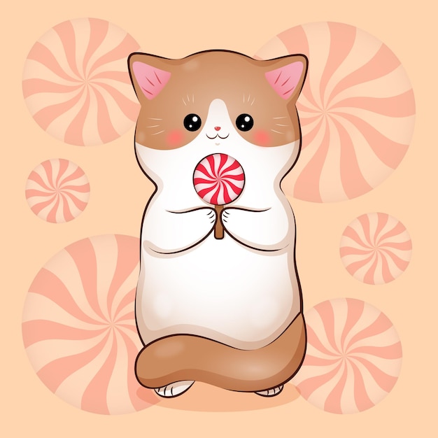 Vektor vektor süße fröhliche karikatur kawaii katze figur mit lollipop süßigkeiten stock schöne katze poster design