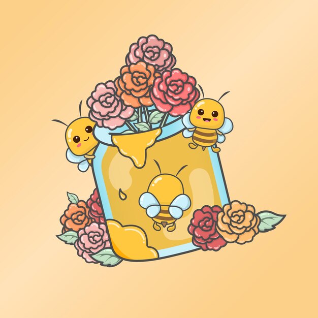Vektorsüße Honigbiene mit Glas Honig und BlumenCartoonSymbol