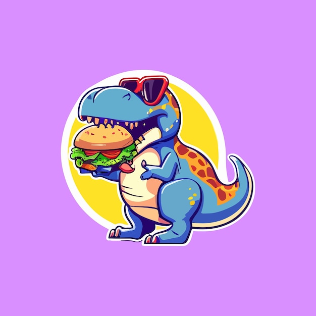 Vektor süßer dinosaurier, der hamburger isst, cartoon-illustration. tierische natur