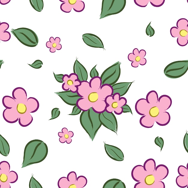 Vektor süßes nahtloses Blumenmuster mit rosa Blumen und Blättern auf weißem Hintergrund