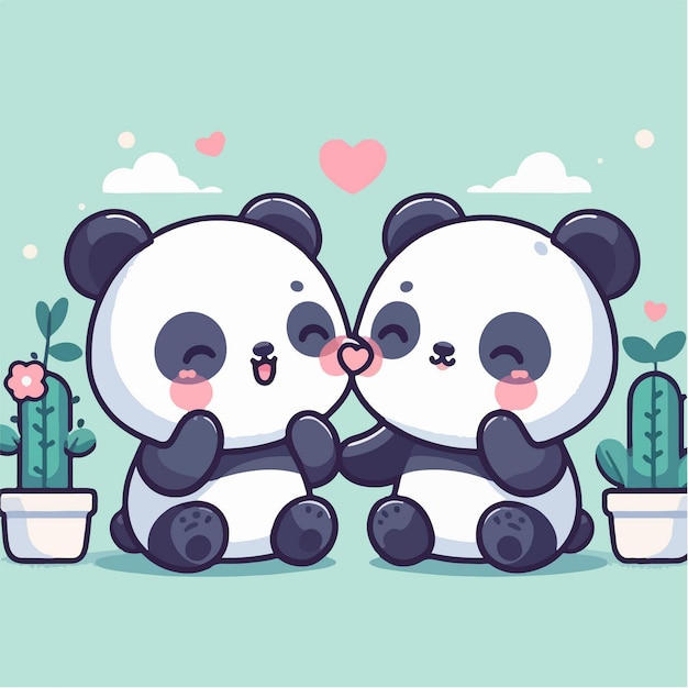 Vektor süßes Panda-Paar sitzt und küsst sich