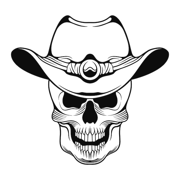 Vektor vektor-tattoo-design schwarz-weiß-handgezeichneter cowboy-schädel