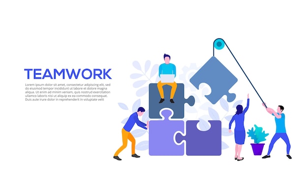 Vektor-teamwork-designkonzept mit puzzle und menschen abbildung der geschäftspartnerschaft zielseitenvorlage für das web