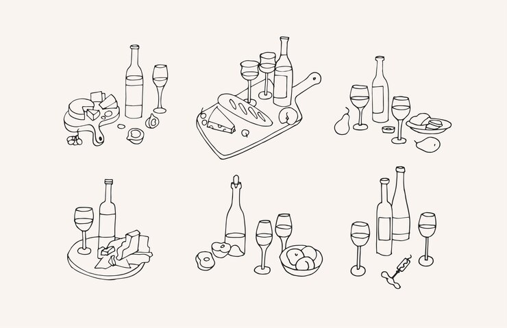 Vektor trendige Illustrationsvorlage und Symbole in linearen Weinsets mit Flaschen Weingläsern und Tellern mit Käse und Früchten