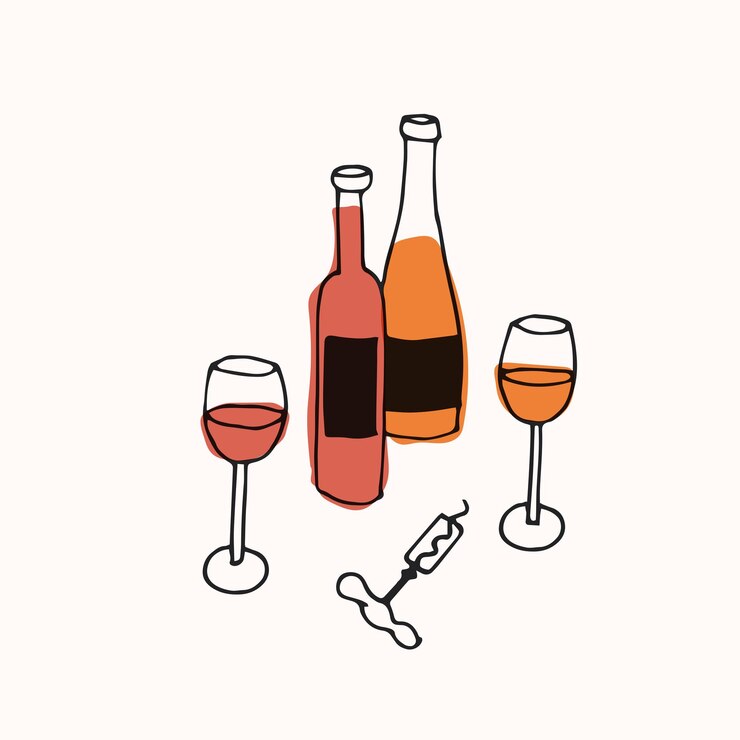 Vektor trendiges Illustrationsweinset mit einer Flasche Weingläsern und Tellern mit Käse und Früchten