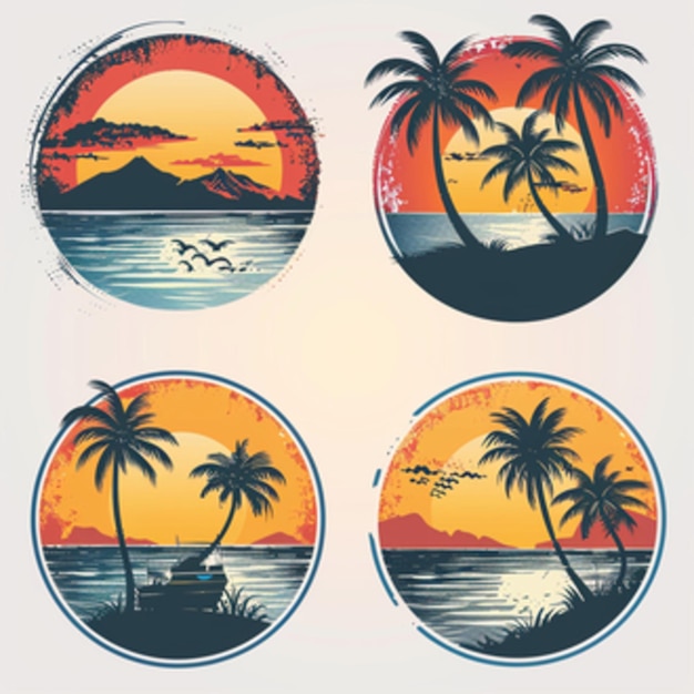 Vektor tropische Palmenlandschaft Reiselogo flaches Set Sonnenaufgang Sonnenuntergang Insel Emblem Tourismusfirma s