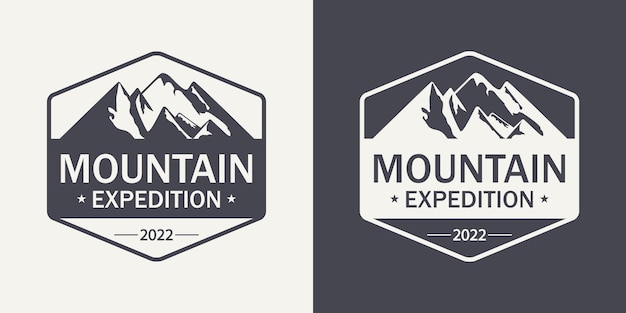 Vektor-ventage-etiketten mit handgezeichneten bergen 2022 illustration für skigebiet wandern klettern mountainbiken logo set zeichnung winterlandschaft camping design
