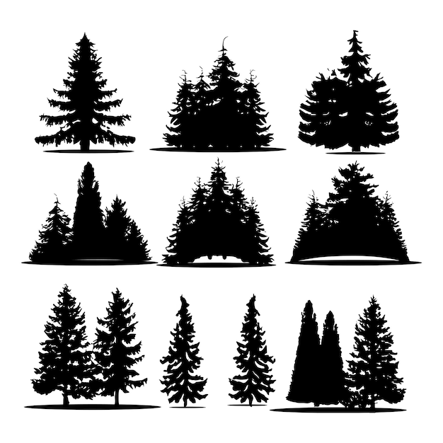 Vektor-Vintage-Kiefern und Waldsilhouetten-Set
