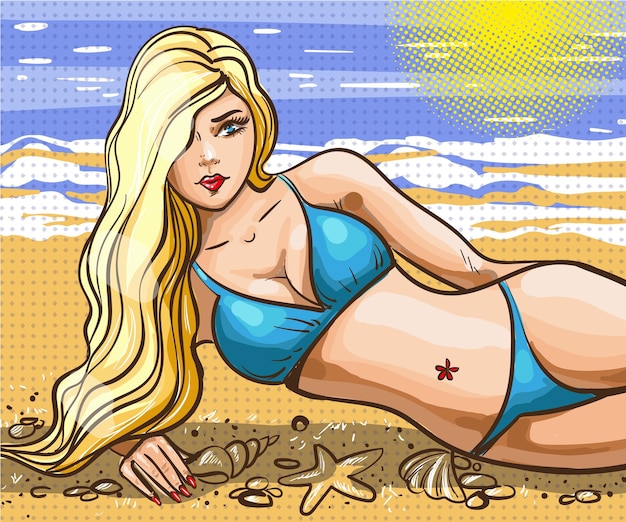 Vektor vektor-vintage-pop-art-illustration für sommerferien am strand