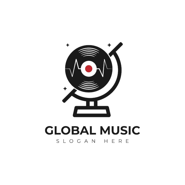 Vektor-Vinyl- und Globus-Logo-Kombination. Planetensymbol oder -symbol aufzeichnen.