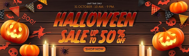 Vektor von halloween sale promotion poster oder banner mit halloween pumpkinghostcandlelbuntings