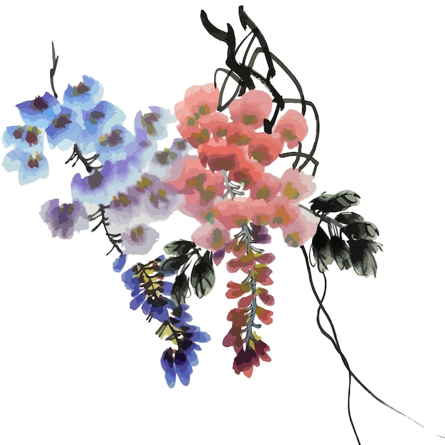 Vektor-Wasserfarbe-Illustration von Wisteria-Blumen Gohua traditionelle chinesische Tinte und Waschmalerei