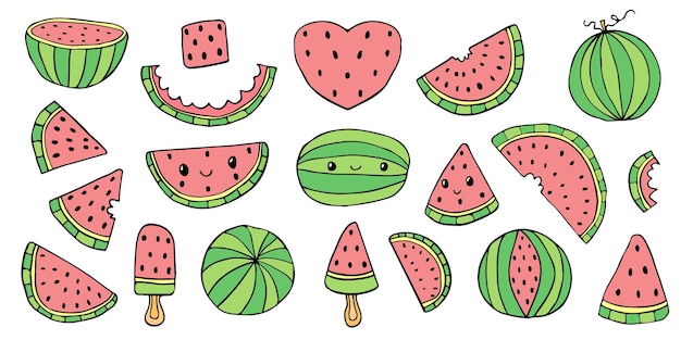 Vektor-wassermelonen-doodle-set isoliert auf weißen fruchtsymbolen sommer wassermelonen-tagesaufkleber sommer
