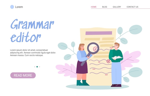 Vektor-Web-Banner mit Grammatik-Editor-Lehrer-Schriftsteller oder -Schüler