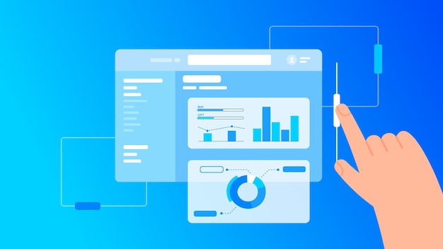 Vektor vektor-website-computerfenster mit leistungsdiagrammelementen und handtechnologie-gradientenhintergrund