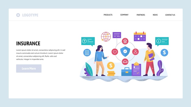 Vektor-Website-Design-Vorlage Versicherungspolice-Konzept Lebens-, Kranken-, Auto- und Hausversicherung Familienschutz Landingpage-Konzepte für Website- und Mobile-Entwicklung Moderne flache Illustration