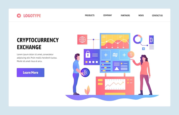 Vektor-Website lineare Kunst-Design-Vorlage Kryptowährungs-Austausch Bitcoin zu Dollar-Austauschplattform Landing Page-Konzepte für Website- und Mobile-Entwicklung Moderne flache Illustration