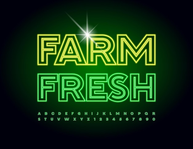 Vektor-werbeabzeichen farm fresh green neon font creative alphabet letters and numbers set