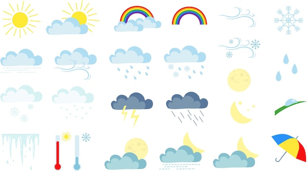 Vektor vektor-wetter-cartoon-icon-set symbole für die wettervorhersage sonne und mond, regen und schneewolken