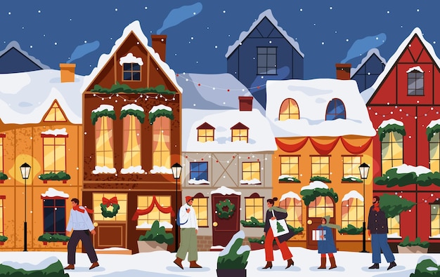 Vektor-winterstraße während neujahr oder weihnachten winterurlaub stadt weihnachtslandschaft stadtbild