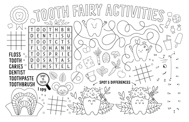 Vektor-zahnfee-tischset für kinder bedruckbare aktivitätsmatte für die mundpflege mit labyrinth tic-tac-toe-diagrammen verbinde die punkte finde den unterschied