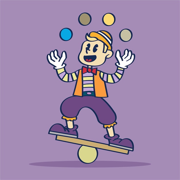 Vektor-zirkus-charakter, der den ball auf dem ungleichgewicht-holzbrett-handzeichnungs-cartoon jongliert