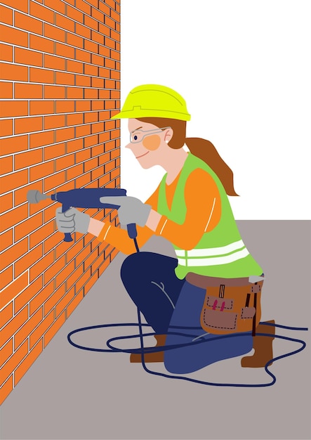 Vektorarbeiter in Sicherheitshelm mit elektrischem Bohrer montiert Wand oder repariert und baut Haus