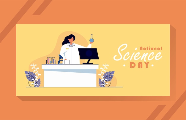 Vektorbanner zum nationalen tag der wissenschaft, illustration der frau scientis