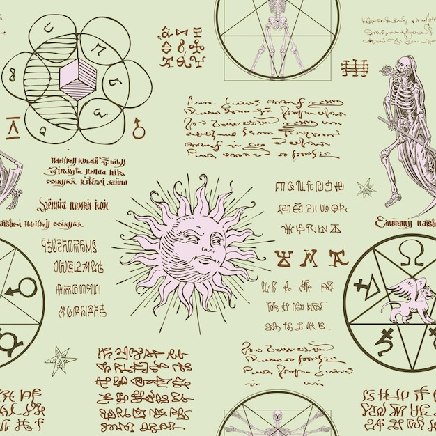 Vektorbild einer nahtlosen textur in form einer alchemistischen formel mit verschlüsselten symbolen