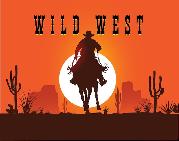 Vektor vektorbild eines cowboys auf einem pferd auf einem sonnenuntergang-hintergrund in