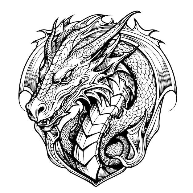 Vektor vektorbild eines heraldischen schildes mit einem drachen heraldischer drache mit flügeln, der in die mitte schaut