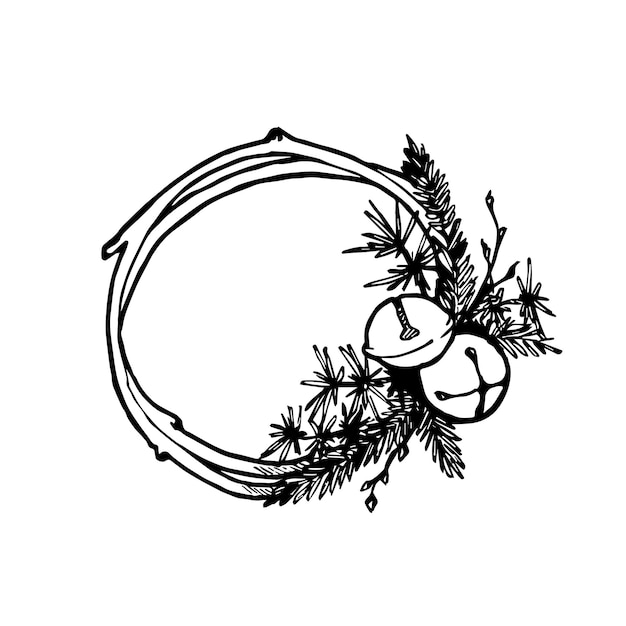 Vektorbild eines minimalistischen Kranzes für das neue Jahr mit Glocken, Schwarz-Weiß-Bild für ein Tag