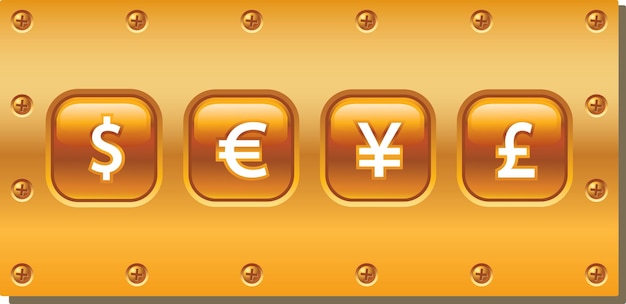 Vektorbild verschiedener währungssymbole auf goldenem schild
