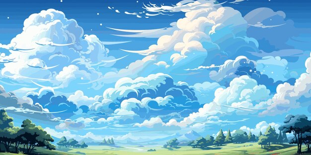 Vektor vektorblaue himmelwolken anime-sauber-stil hintergrunddesign vektor flache helle farben