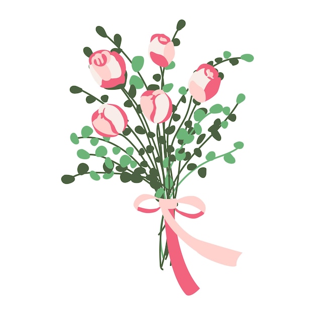 Vektorblumenstrauß aus roten rosafarbenen Tulpenblumen, die auf einem weißen Hintergrund isoliert sind