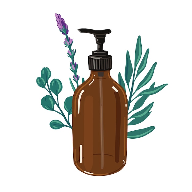 Vektorbraune pumpflasche isoliert auf weiß natürliche selbstpflegeproduktflasche lavendel-eukalyptus