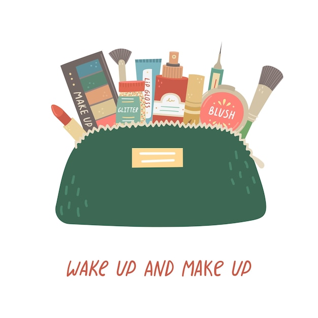 Vektor vektordarstellung einer kosmetiktasche mit make-up-produkten schriftzug wach auf und schminke dich
